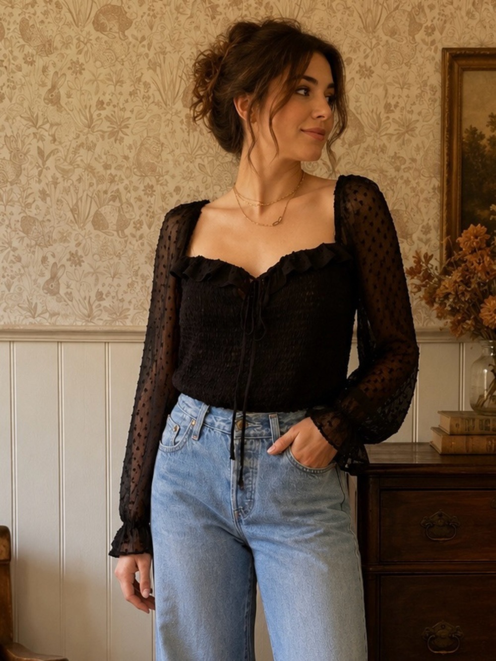 privy Black Swiss-Dot Smocked Ruffle Tie Long-Sleeve Crop Top